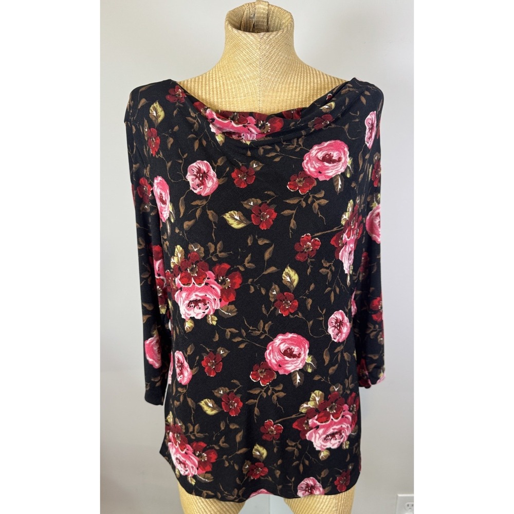 Vintage Y2k 90s  Cowl Neck 3/4‎ Sleeve Top Black Red Roses Floral Fairy Goth LG